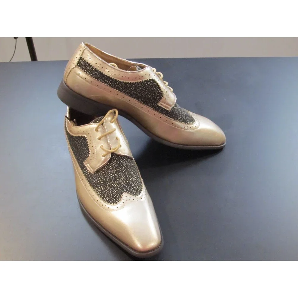 Majestic Mens 12 Gold Black Stingray Wingtip Oxford Dress Shoes NIB 99622